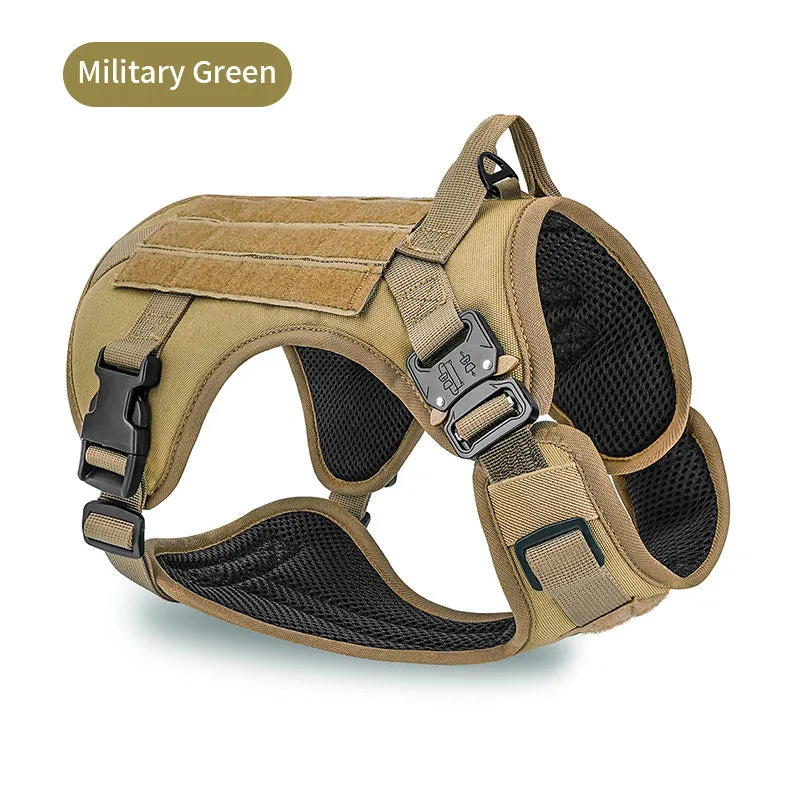 Tactical camouflage dog harness for large breeds with 4 adjustable straps and quick release buckles