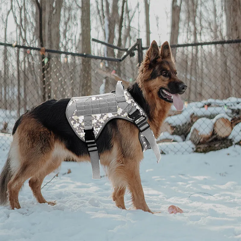 Tactical camouflage dog harness for large breeds with 4 adjustable straps and quick release buckles