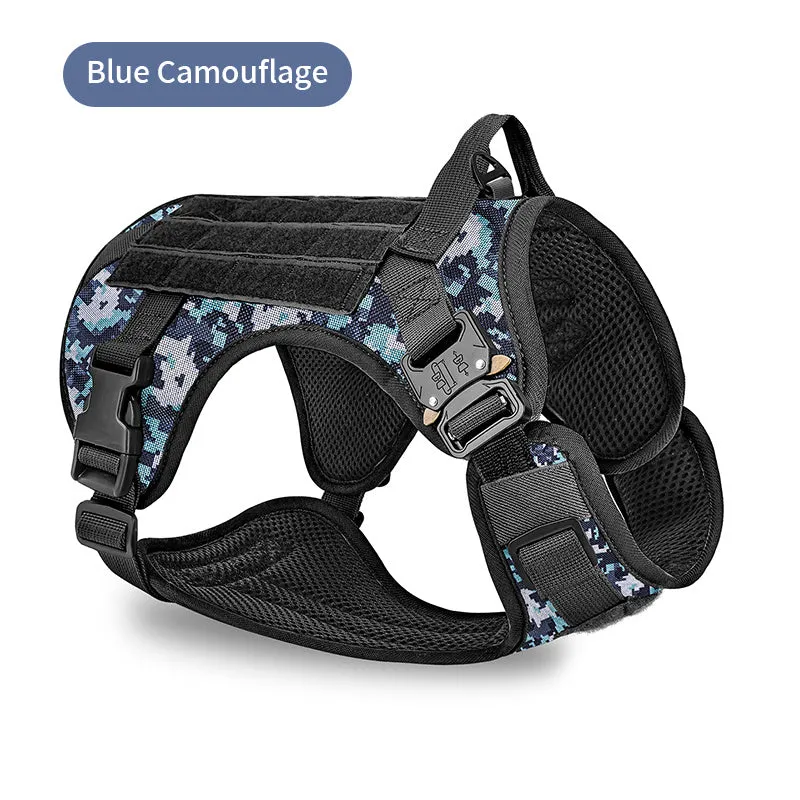 Tactical camouflage dog harness for large breeds with 4 adjustable straps and quick release buckles
