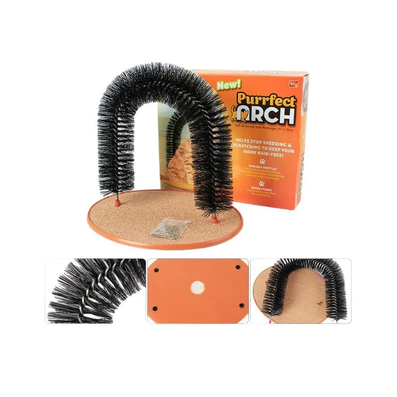 White plastic cat grooming arch with a built-in brush for scratching and rubbing.