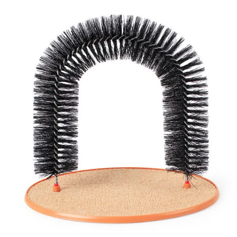 White plastic cat grooming arch with a built-in brush for scratching and rubbing.