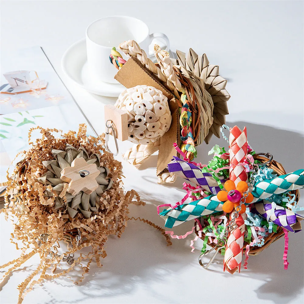 Set of three parrot gnawing toys with natural wood surfaces and coloured beads