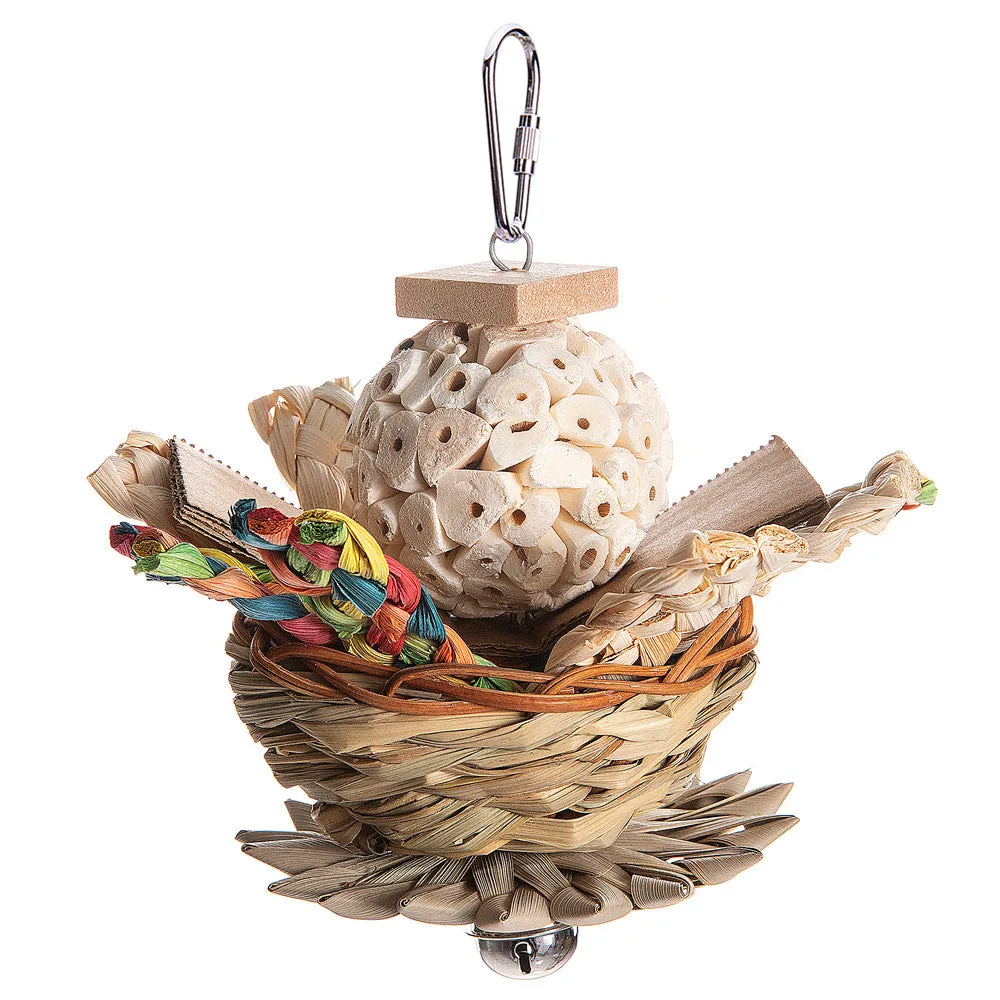 Set of three parrot gnawing toys with natural wood surfaces and coloured beads