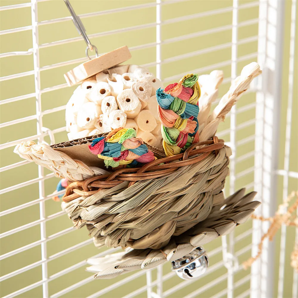 Set of three parrot gnawing toys with natural wood surfaces and coloured beads