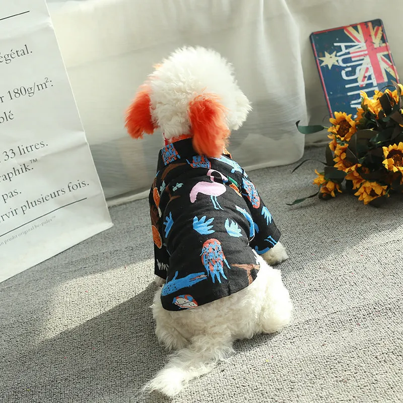 Dog clothes fashion shirt in cotton for small to large breeds available in wine red pineapple black pineapple black crocodile white pineapple white crocodile and black white crocodile patterns with size chart XS to XXL and FB by collar bust back length