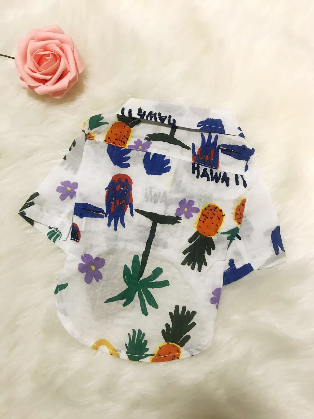 Dog clothes fashion shirt in cotton for small to large breeds available in wine red pineapple black pineapple black crocodile white pineapple white crocodile and black white crocodile patterns with size chart XS to XXL and FB by collar bust back length