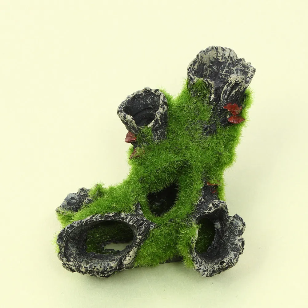 Fish tank decoration imitation moss tree root with green flocking, synthetic resin shrimp pot ornament