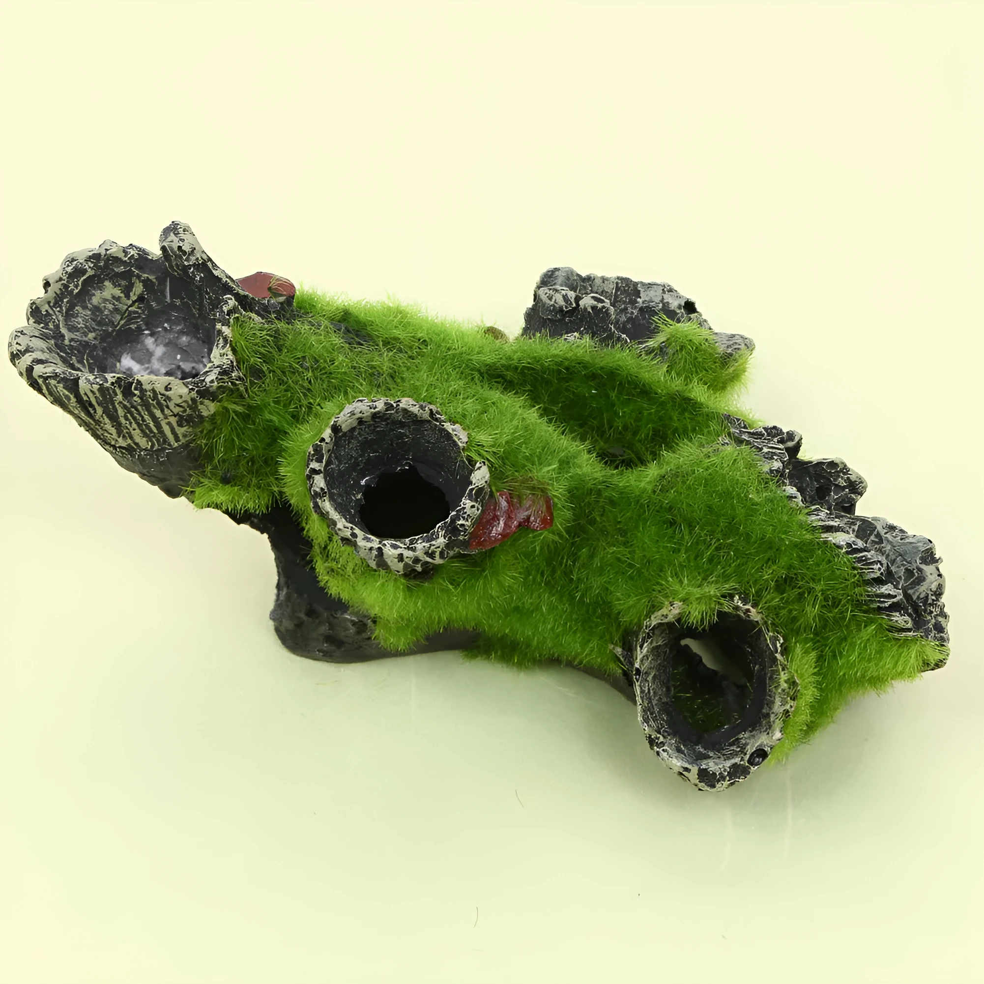 Fish tank decoration imitation moss tree root with green flocking, synthetic resin shrimp pot ornament
