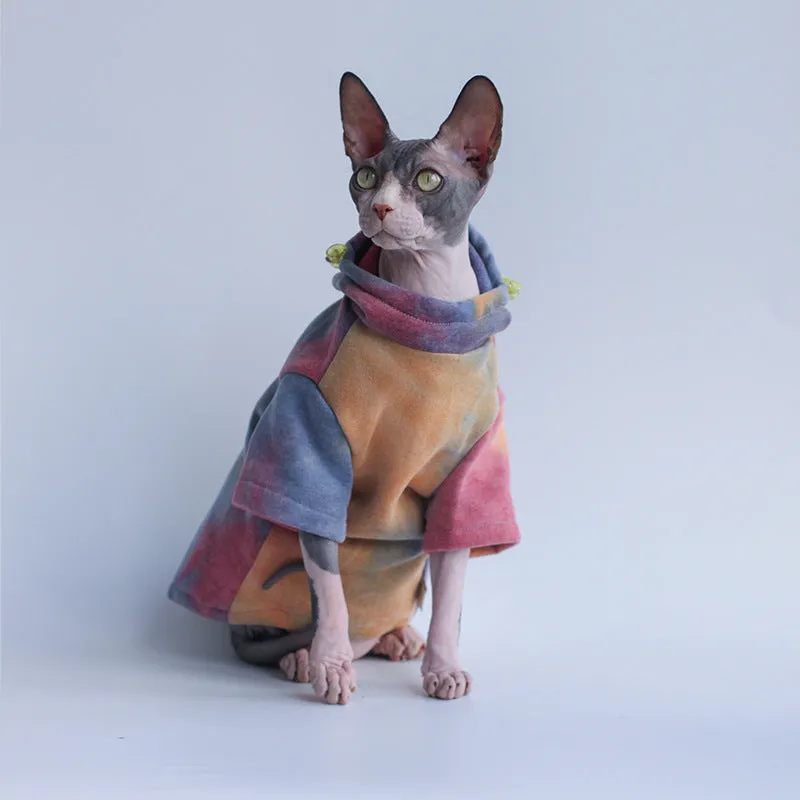 Thick tie-dye hooded cotton pet sweater in red yellow blue for cats and dogs, autumn winter wear