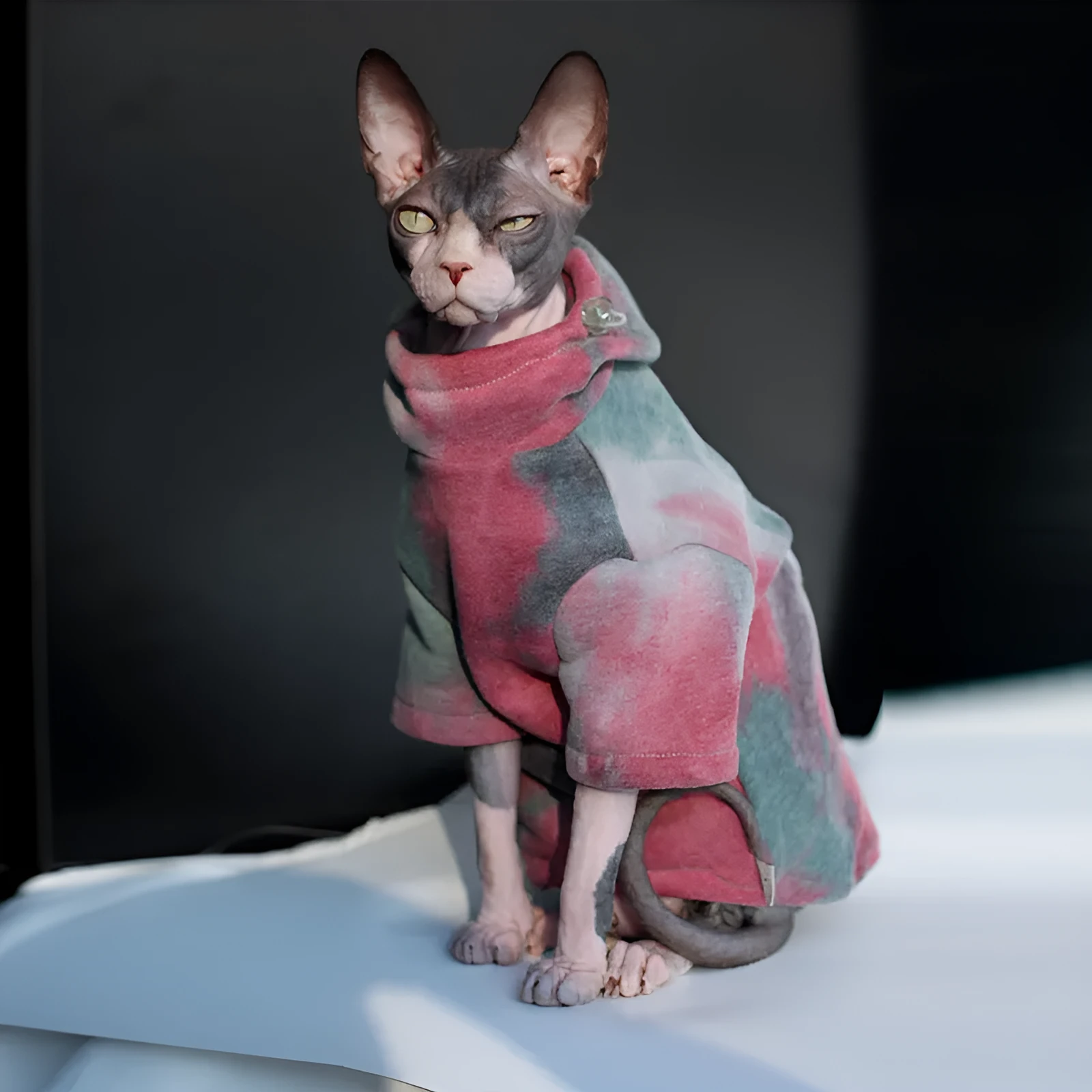 Thick tie-dye hooded cotton pet sweater in red yellow blue for cats and dogs, autumn winter wear