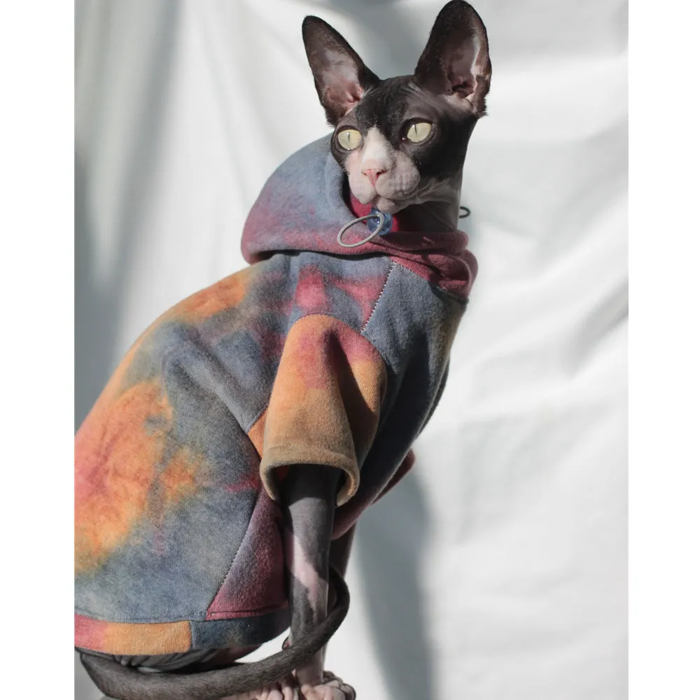Thick tie-dye hooded cotton pet sweater in red yellow blue for cats and dogs, autumn winter wear