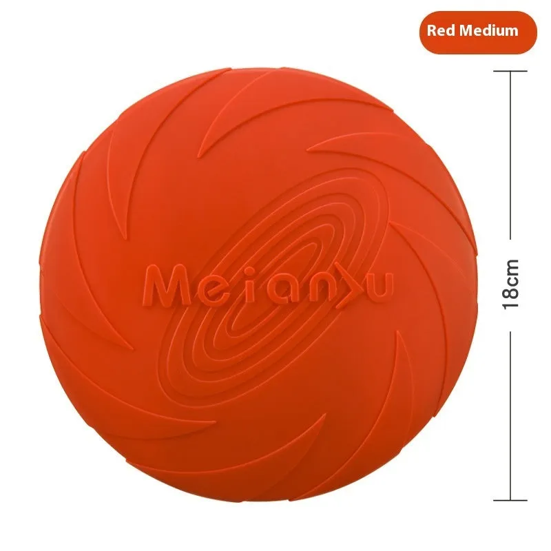 Soft rubber dog frisbee toy in red blue green colours showing small medium large size options