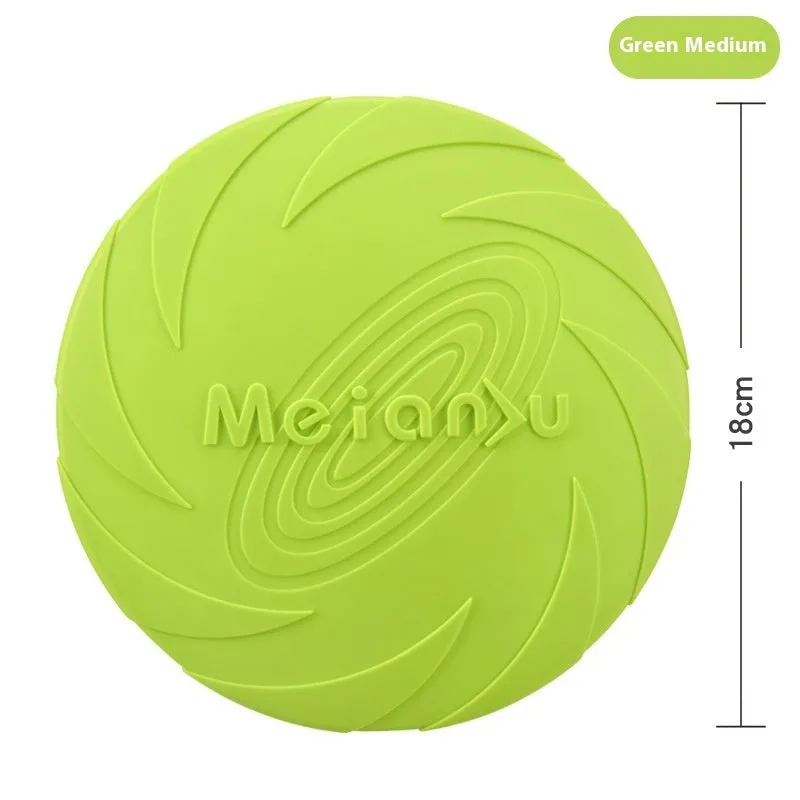 Soft rubber dog frisbee toy in red blue green colours showing small medium large size options