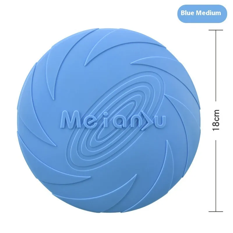 Soft rubber dog frisbee toy in red blue green colours showing small medium large size options