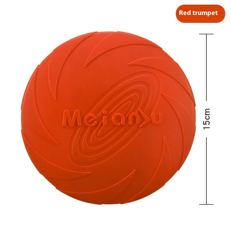 Soft rubber dog frisbee toy in red blue green colours showing small medium large size options