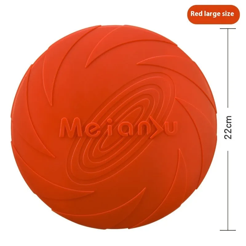 Soft rubber dog frisbee toy in red blue green colours showing small medium large size options