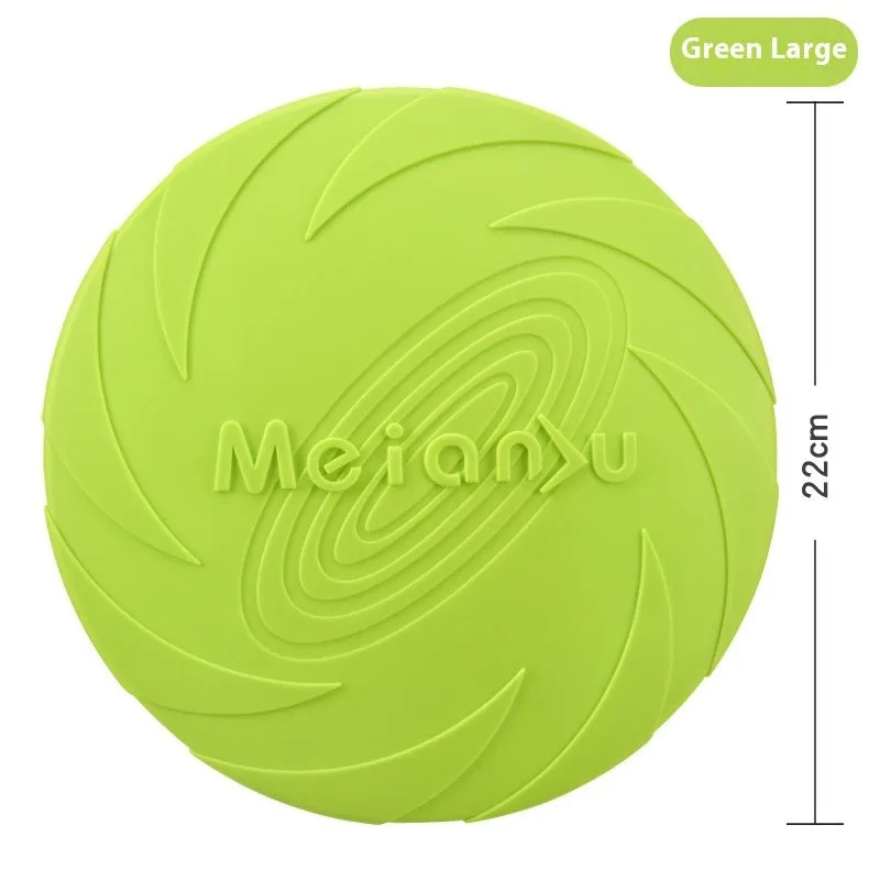 Soft rubber dog frisbee toy in red blue green colours showing small medium large size options