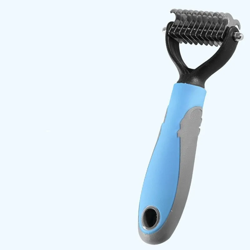 Double-sided pet fur knot cutter grooming comb with stainless steel teeth and colourful handle