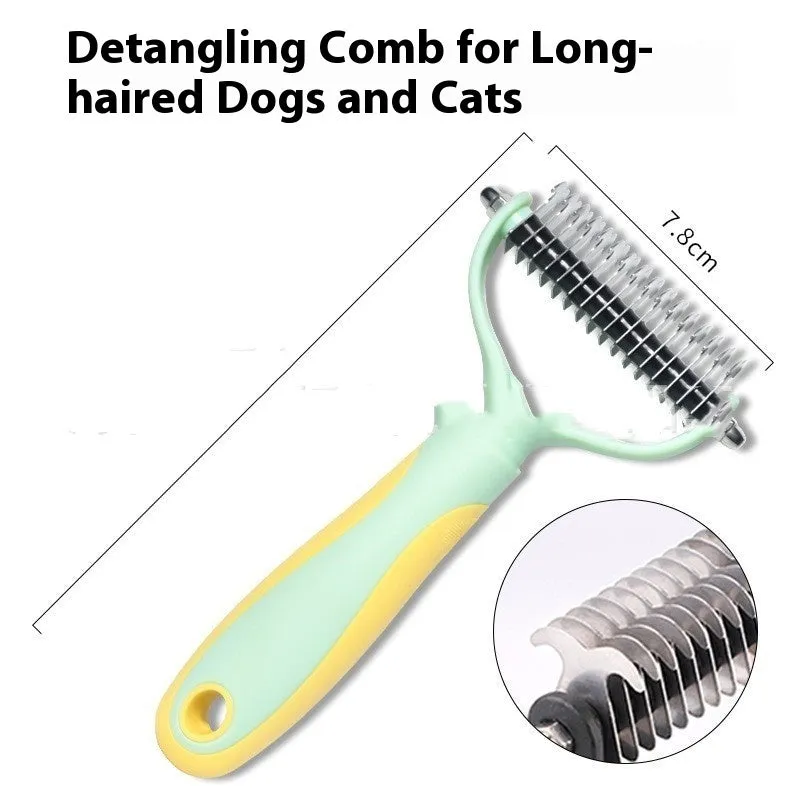 Double-sided pet fur knot cutter grooming comb with stainless steel teeth and colourful handle
