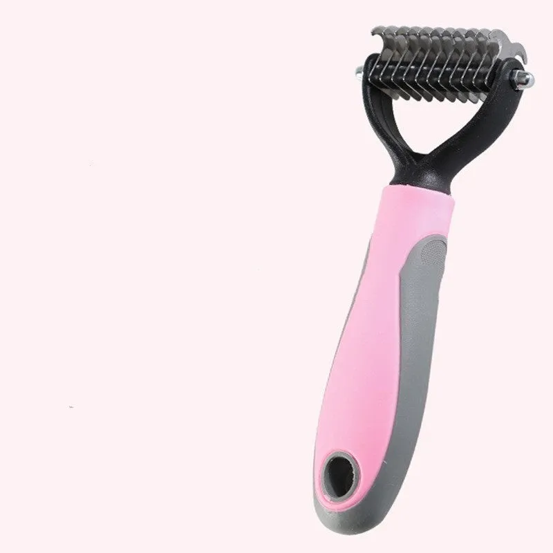 Double-sided pet fur knot cutter grooming comb with stainless steel teeth and colourful handle