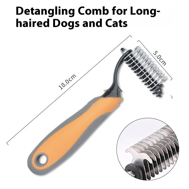 Double-sided pet fur knot cutter grooming comb with stainless steel teeth and colourful handle