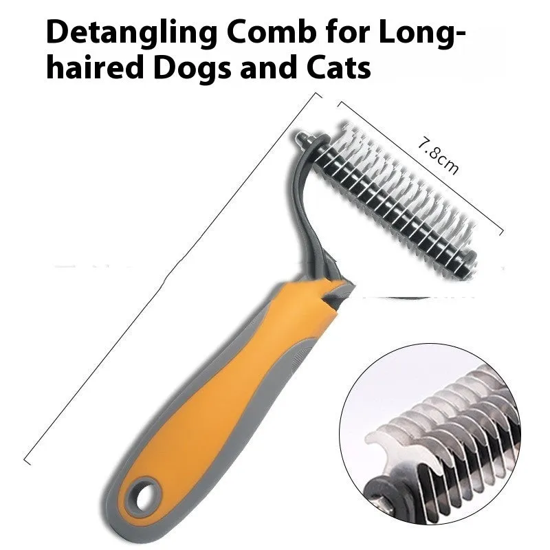 Double-sided pet fur knot cutter grooming comb with stainless steel teeth and colourful handle