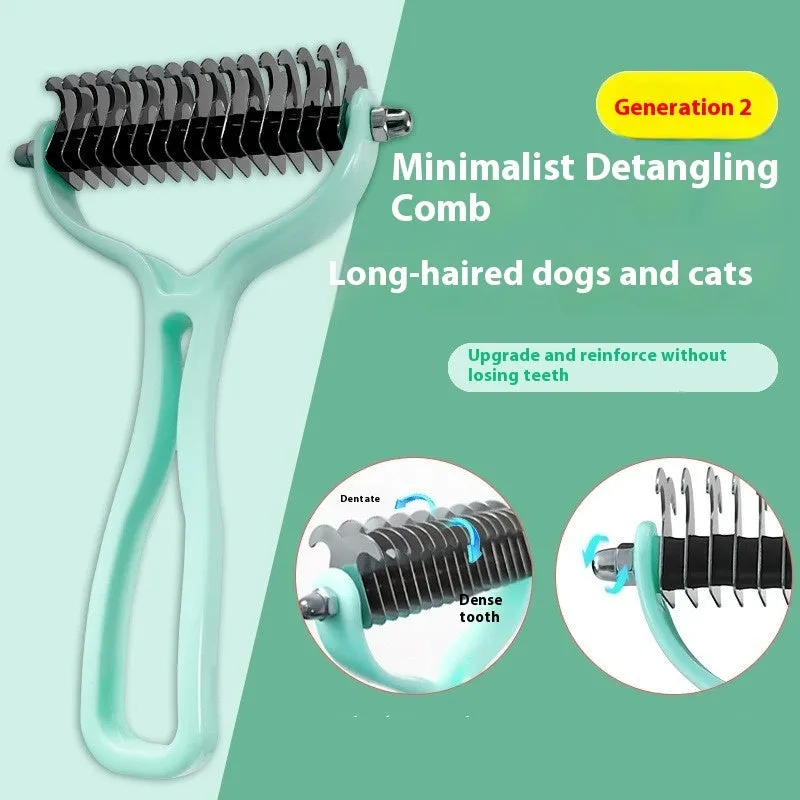 Double-sided pet fur knot cutter grooming comb with stainless steel teeth and colourful handle
