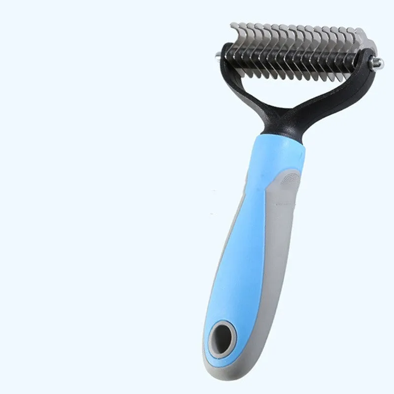 Double-sided pet fur knot cutter grooming comb with stainless steel teeth and colourful handle