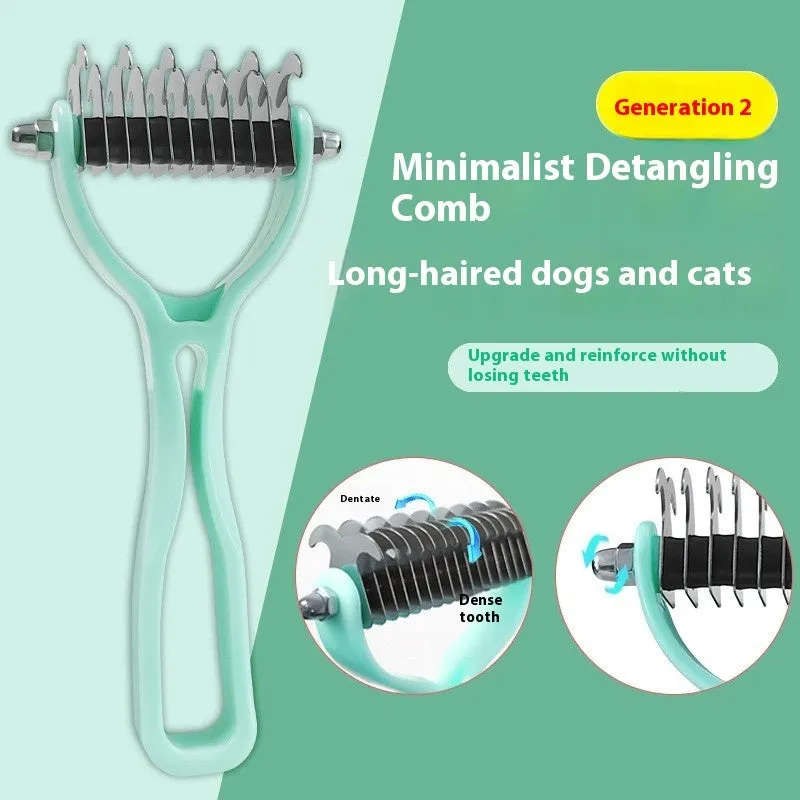 Double-sided pet fur knot cutter grooming comb with stainless steel teeth and colourful handle