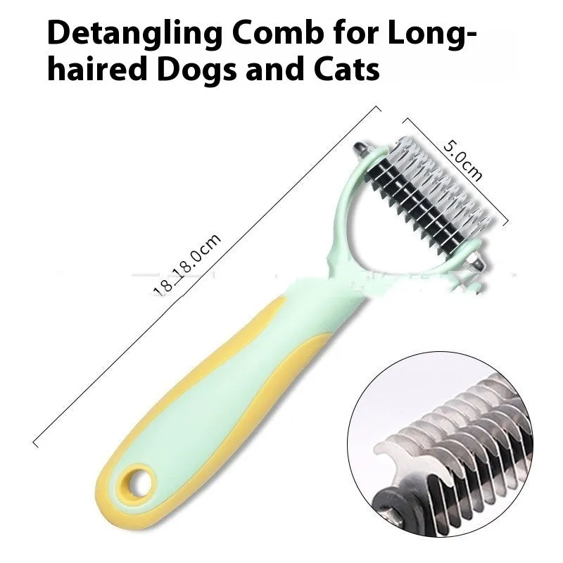 Double-sided pet fur knot cutter grooming comb with stainless steel teeth and colourful handle