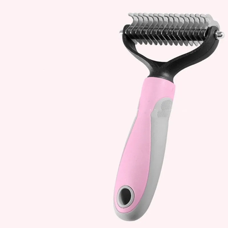 Double-sided pet fur knot cutter grooming comb with stainless steel teeth and colourful handle
