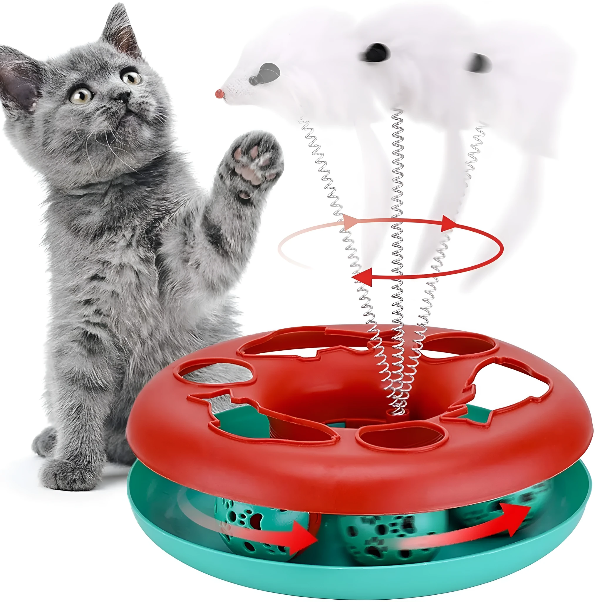 Red cat toy roller track with exercise balls, catnip spring, and detachable mouse teaser on floor