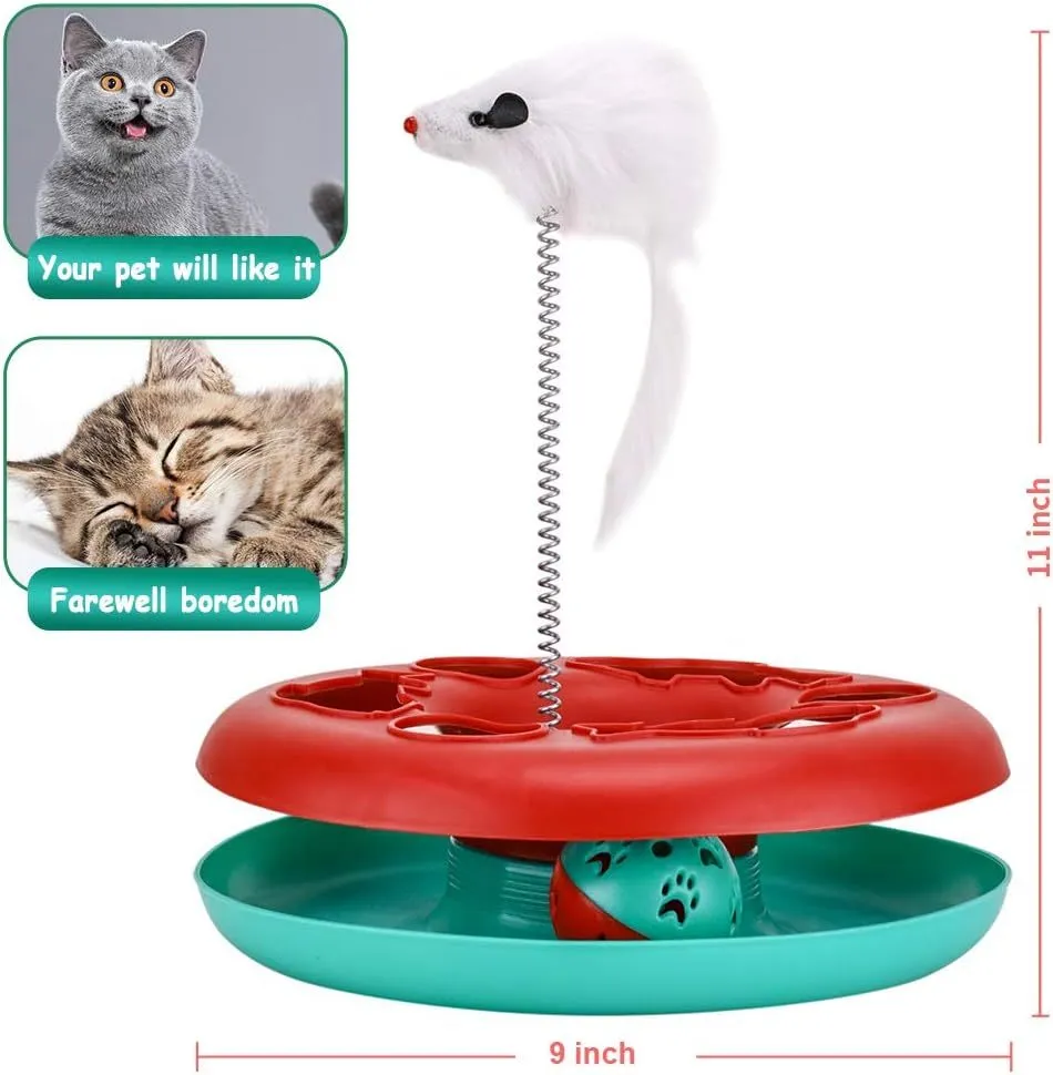 Red cat toy roller track with exercise balls, catnip spring, and detachable mouse teaser on floor
