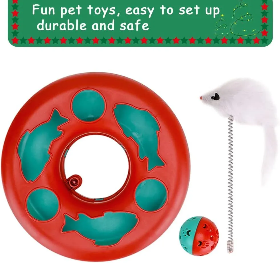 Red cat toy roller track with exercise balls, catnip spring, and detachable mouse teaser on floor