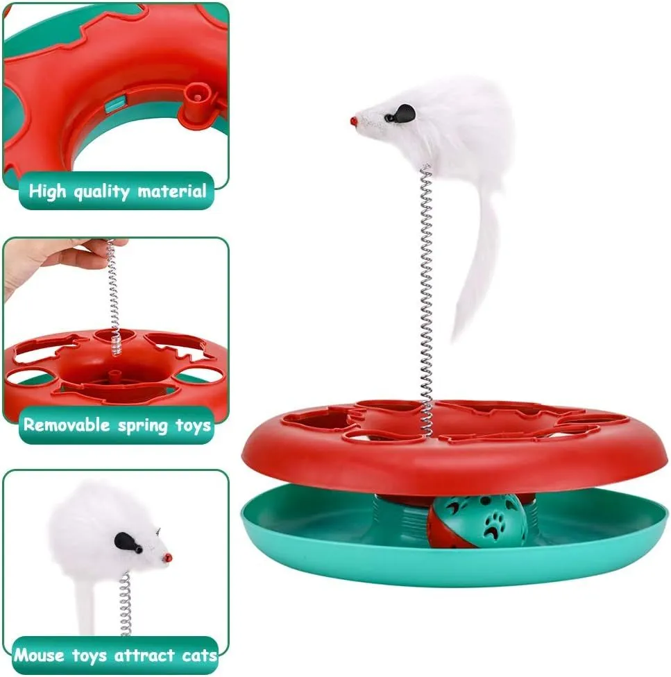 Red cat toy roller track with exercise balls, catnip spring, and detachable mouse teaser on floor