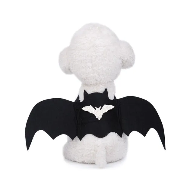 Black bat wing pet costume on dog, polyester felt fabric, Halloween outfit with wing shape