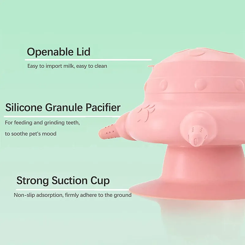 Pink silicone pet nursing bottle with bionic breast shape and four attached nipples on a flat base.