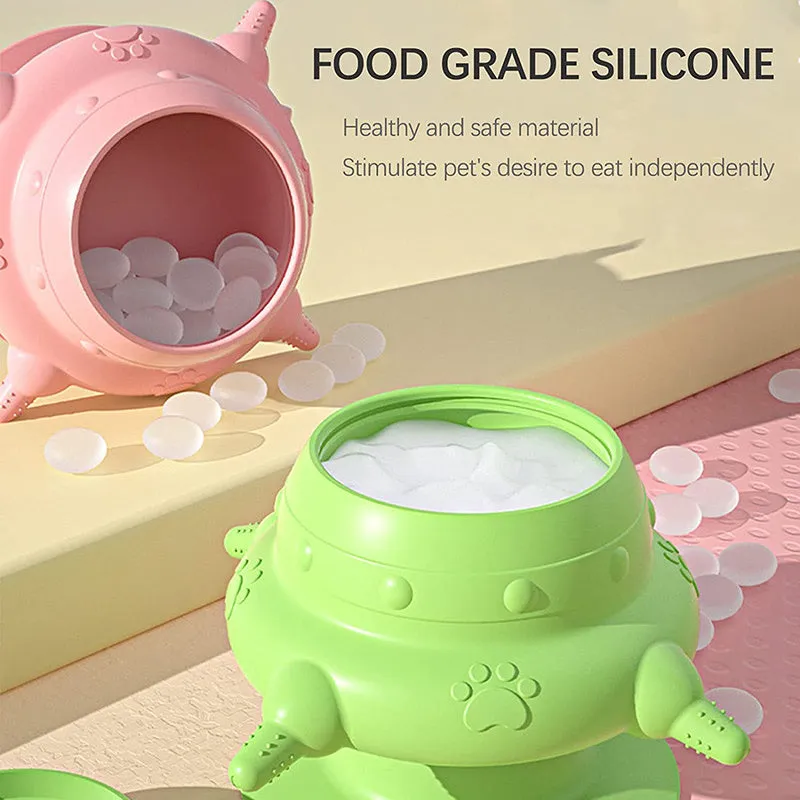 Pink silicone pet nursing bottle with bionic breast shape and four attached nipples on a flat base.