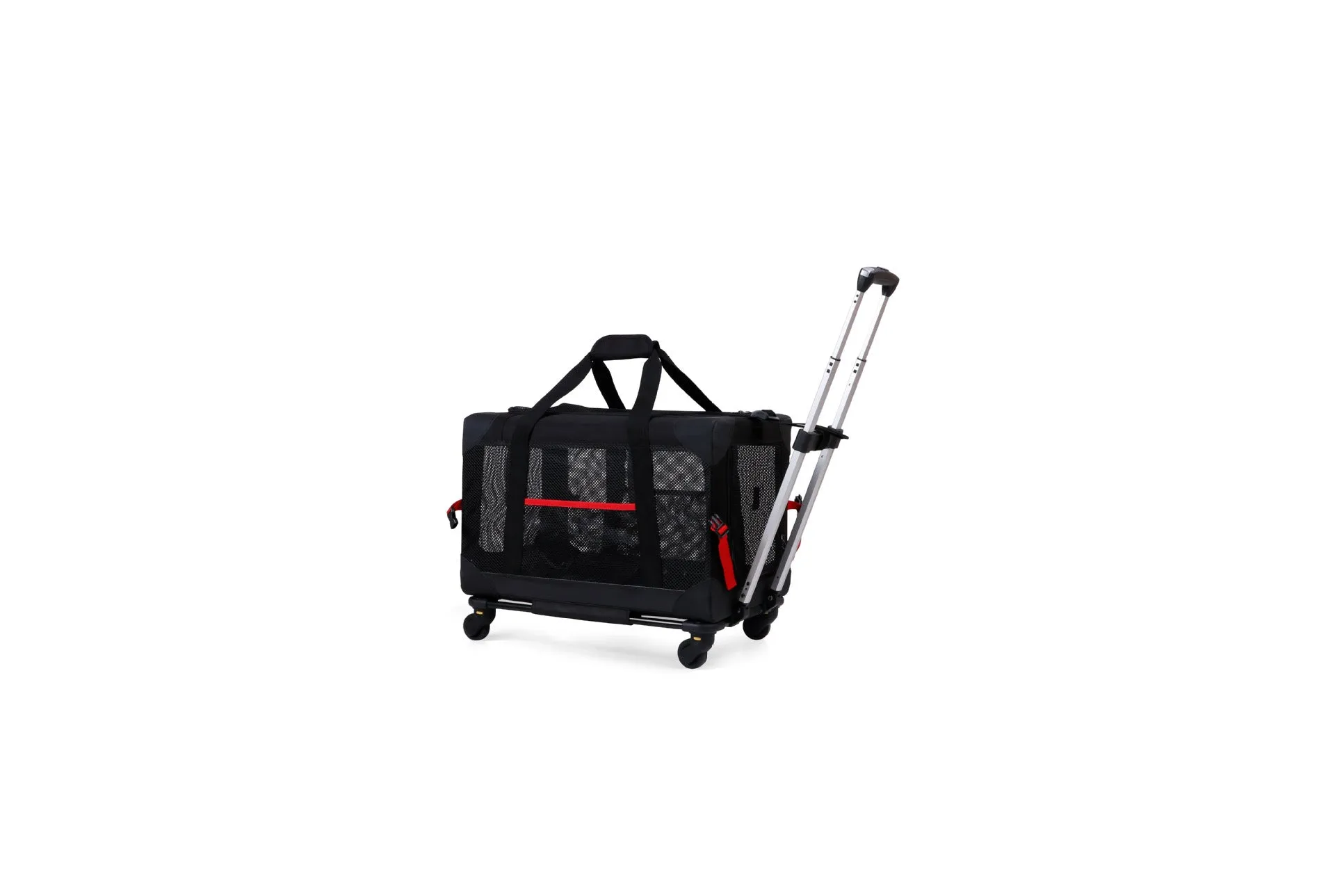 Portable polyester pet trolley bag in black for cats and dogs, folding design, 30lb capacity, suitable for car travel