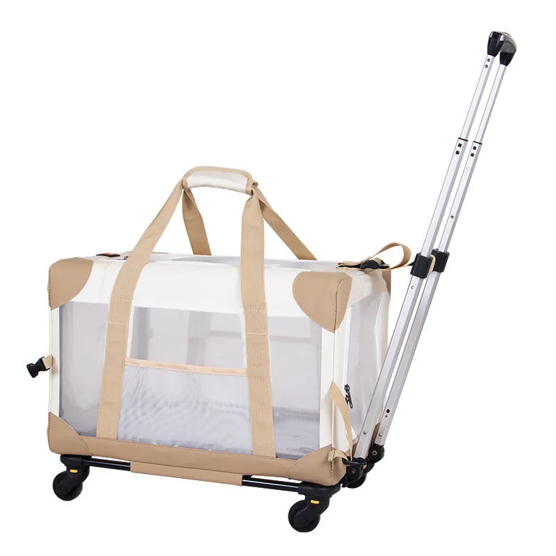 Portable polyester pet trolley bag in black for cats and dogs, folding design, 30lb capacity, suitable for car travel