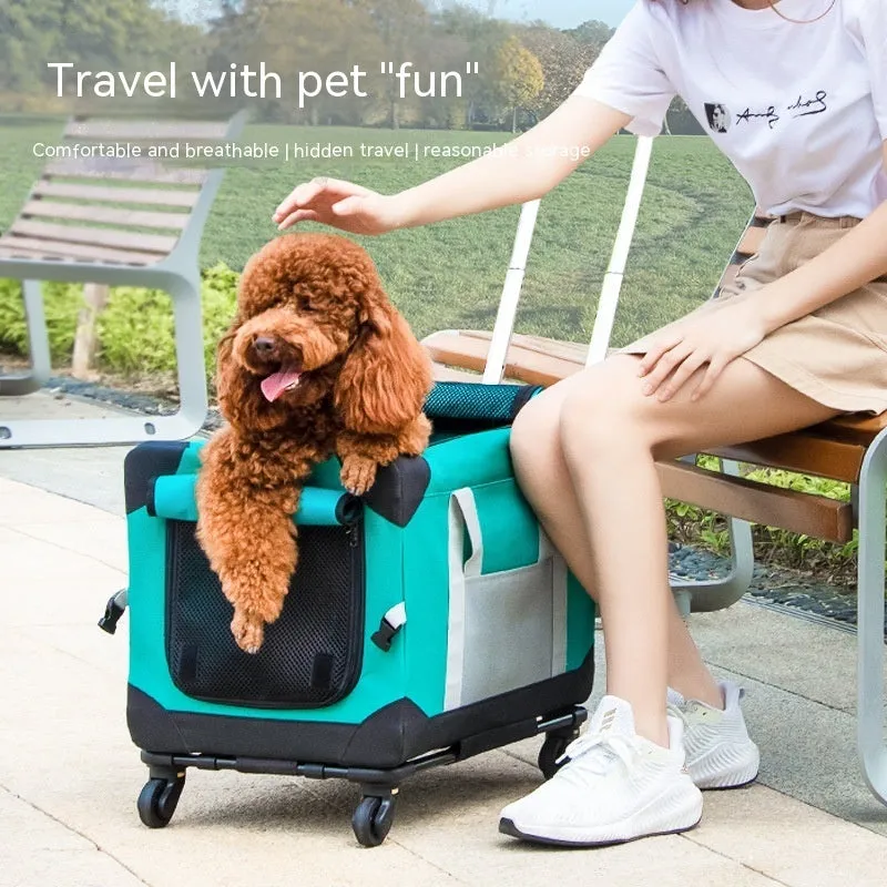 Portable polyester pet trolley bag in black for cats and dogs, folding design, 30lb capacity, suitable for car travel