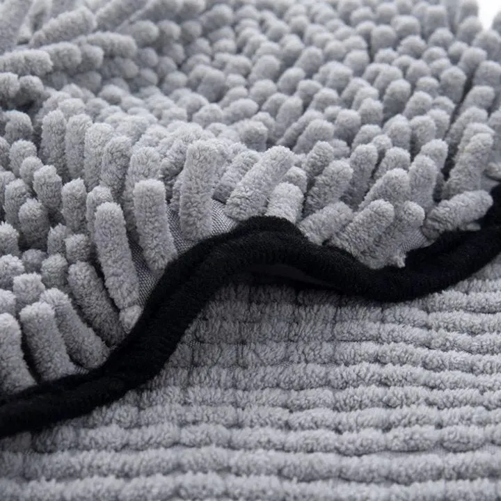 Blue microfibre pet bath towel for drying dogs and cats, showing robe-style design