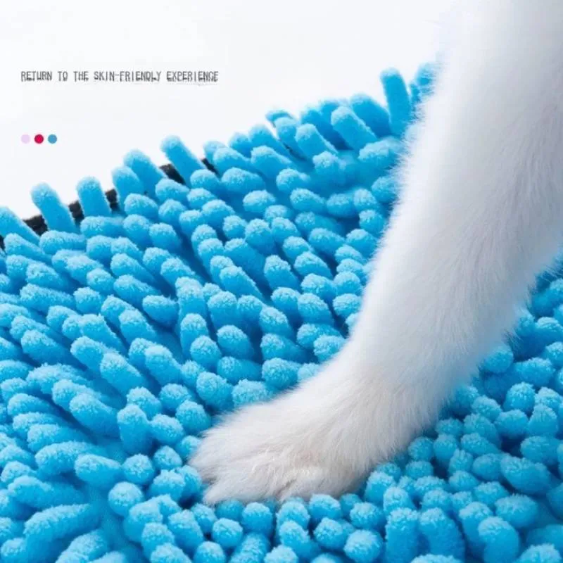Blue microfibre pet bath towel for drying dogs and cats, showing robe-style design