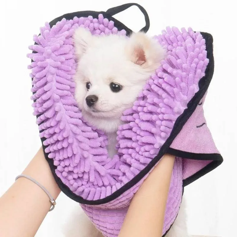 Blue microfibre pet bath towel for drying dogs and cats, showing robe-style design