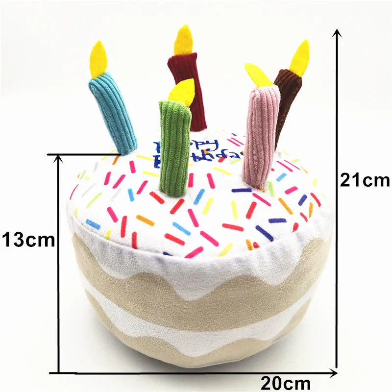Four-piece dog birthday cake plush toy set including big cake, small cake, gift box, and bone on white background