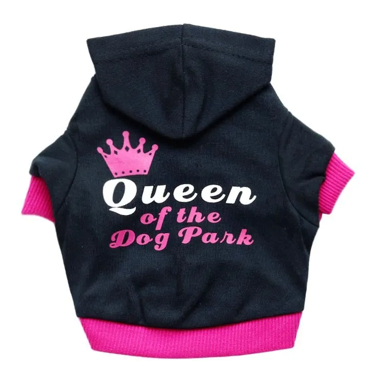 Fleece printed dog clothes in style A on a small dog, with collar opening and four leg holes