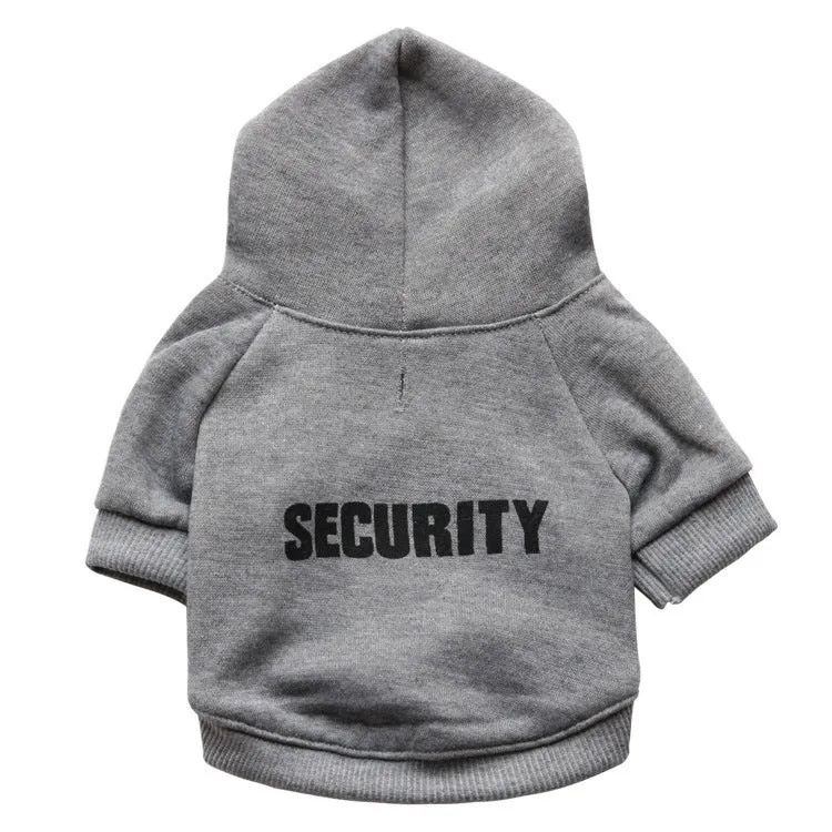 Fleece printed dog clothes in style A on a small dog, with collar opening and four leg holes