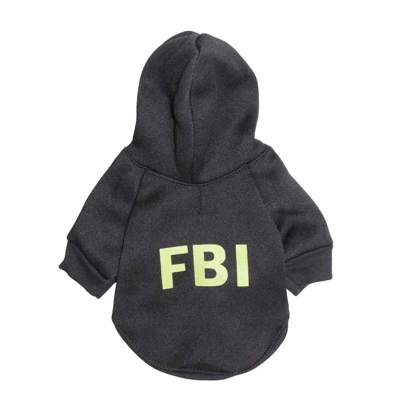 Fleece printed dog clothes in style A on a small dog, with collar opening and four leg holes