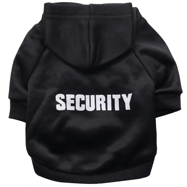 Fleece printed dog clothes in style A on a small dog, with collar opening and four leg holes