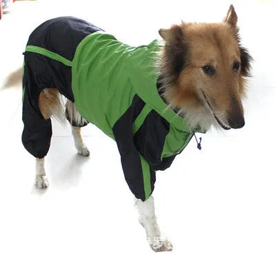 Large dog pet raincoat in green made from waterproof nylon with adjustable size for outdoor wet weather walking